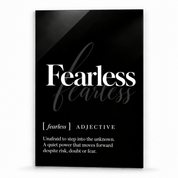 Fearless Definition glass wall art by Artdesigna, black and white typography print