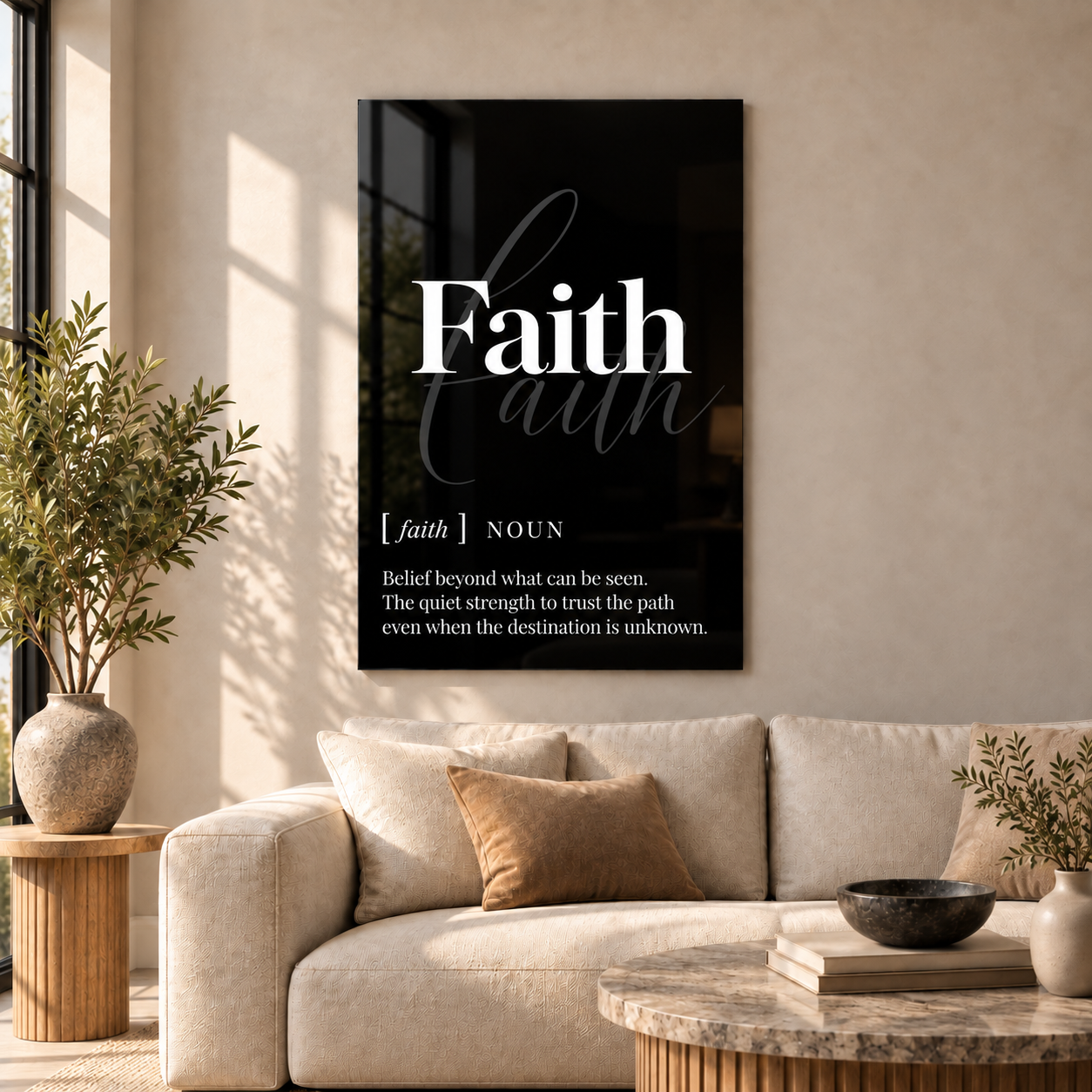 Faith Definition glass wall art by Artdesigna, black and white typography print in a living room