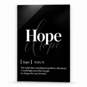 Hope Definition glass wall art by Artdesigna, black and white typography print