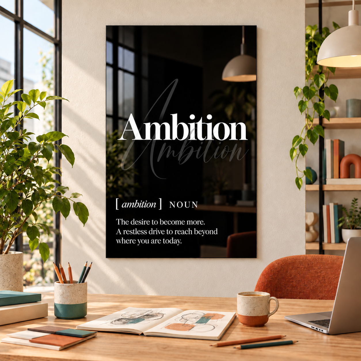 Ambition Definition glass wall art by Artdesigna, black and white typography print in a home office
