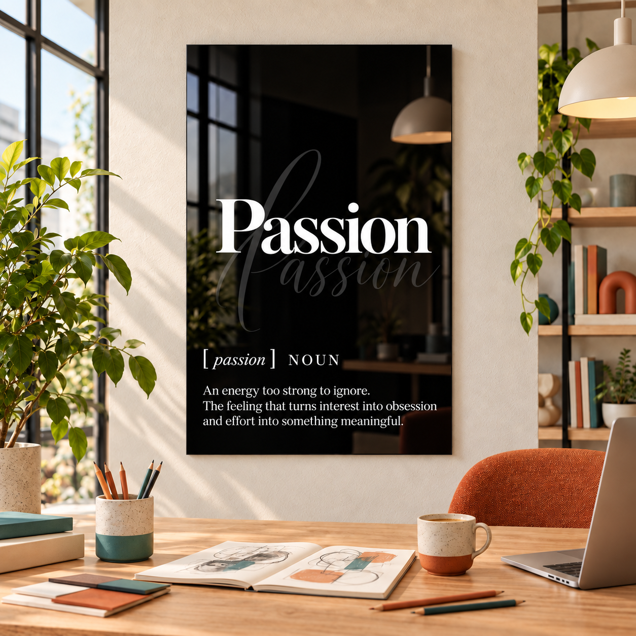 Passion Definition glass wall art by Artdesigna, black and white typography print in a home office
