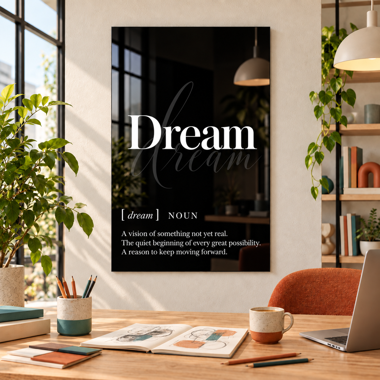 Dream Definition glass wall art by Artdesigna, black and white typography print in a home office