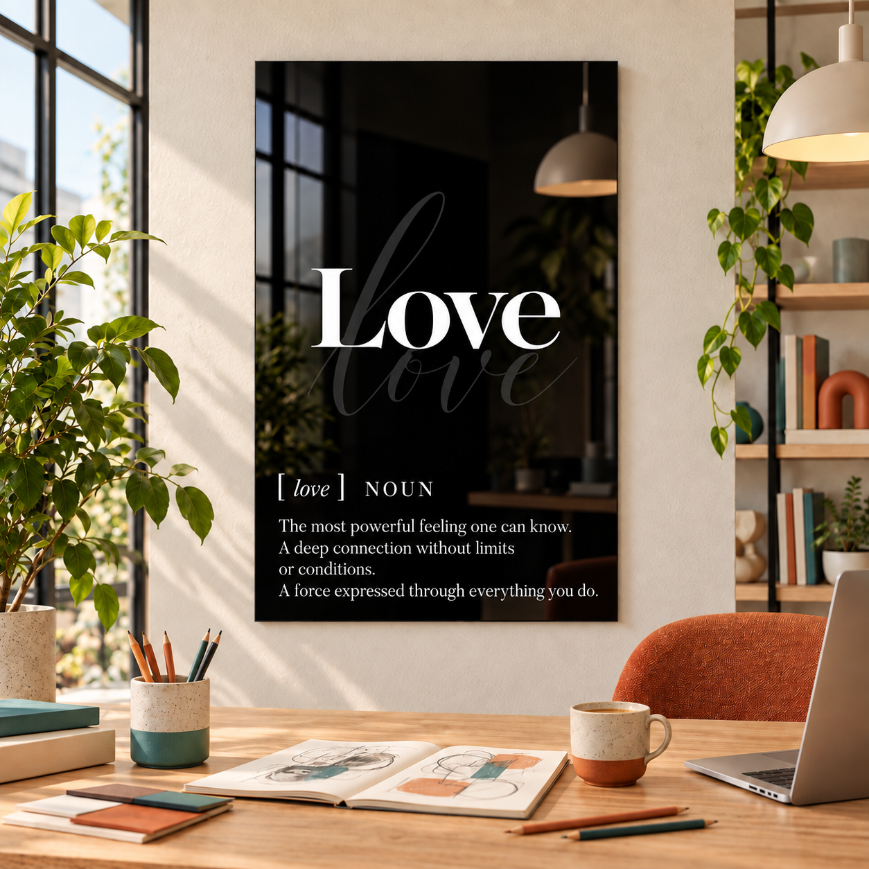 Love Definition glass wall art by Artdesigna, black and white typography print in a home office