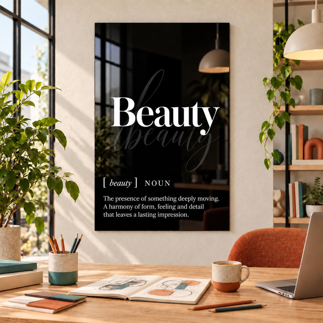 Beauty Definition glass wall art by Artdesigna, black and white typography print in a home office
