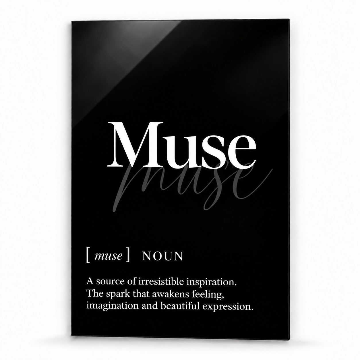 Muse Definition glass wall art by Artdesigna, black and white typography print