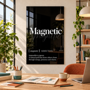 Magnetic Definition glass wall art by Artdesigna, black and white typography print in a home office