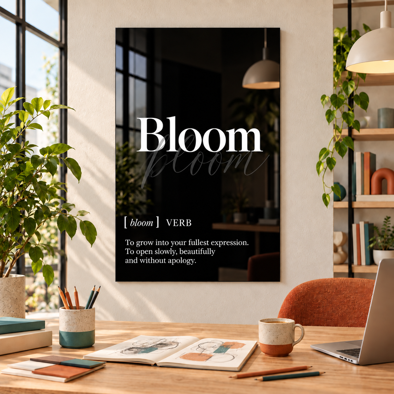 Bloom Definition glass wall art by Artdesigna, black and white typography print in a home office