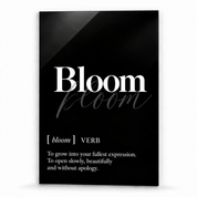 Bloom Definition glass wall art by Artdesigna, black and white typography print