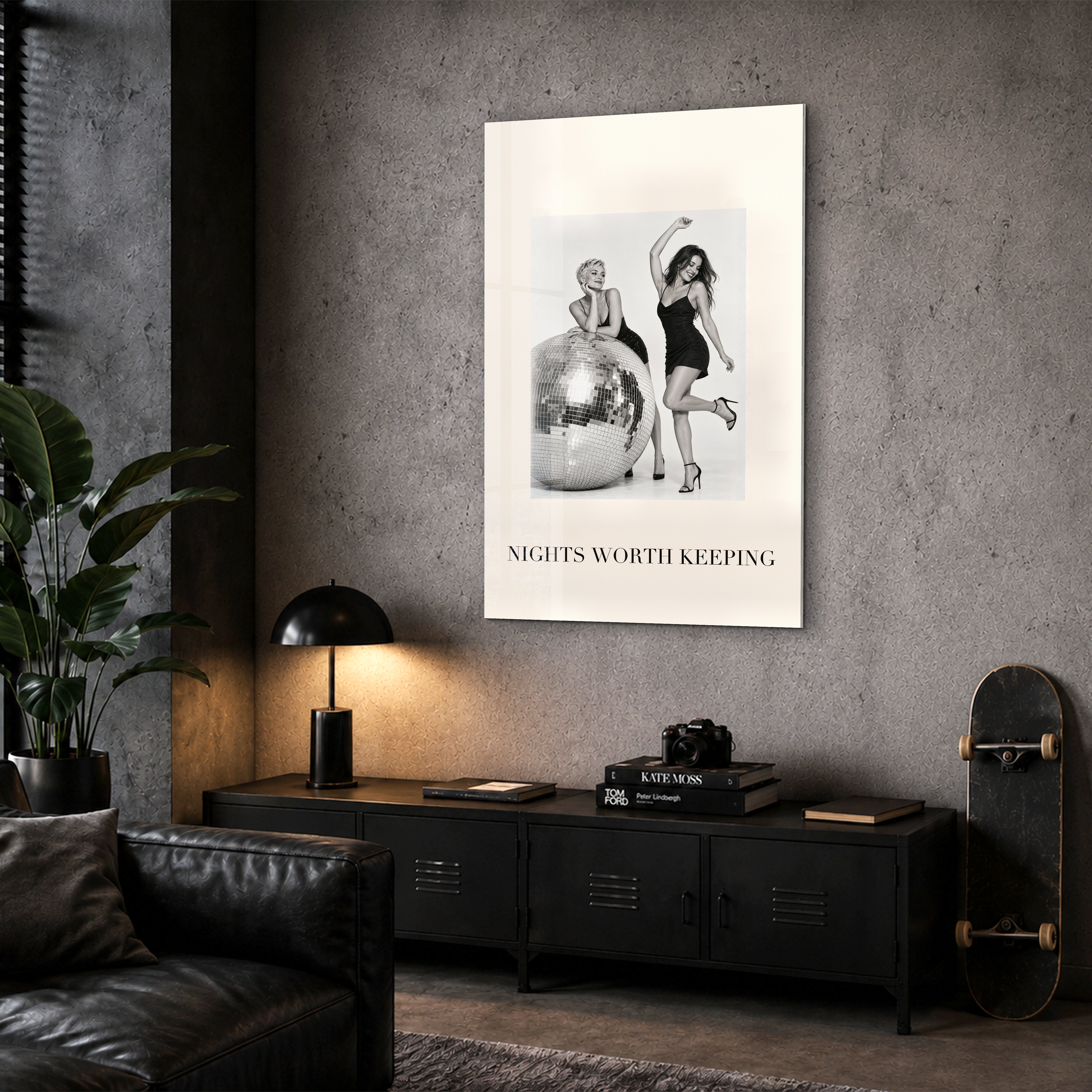 Nights Worth Keeping glass wall art by Artdesigna in a corner view