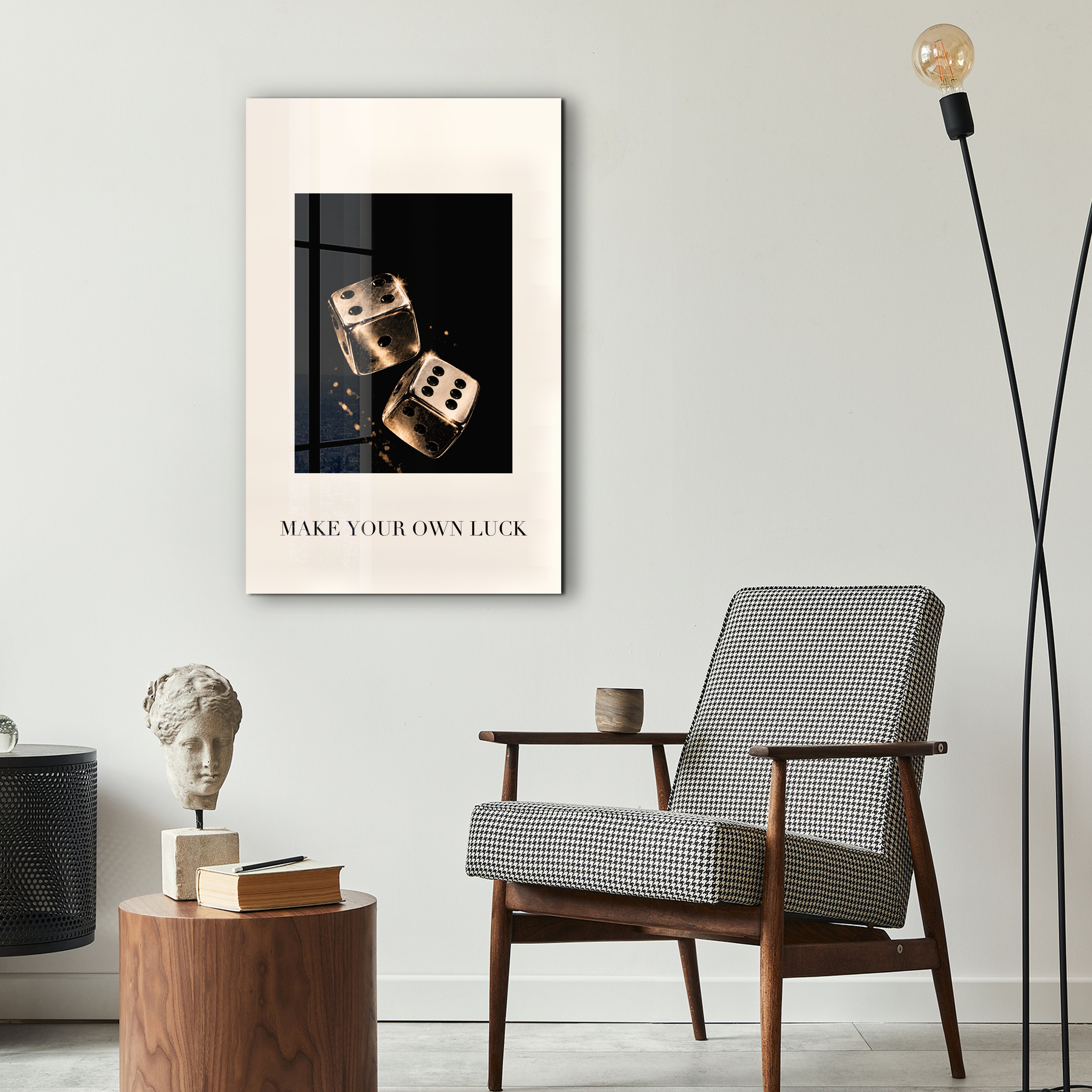Make Your Own Luck golden dice glass wall art by Artdesigna displayed as stylish wall decor