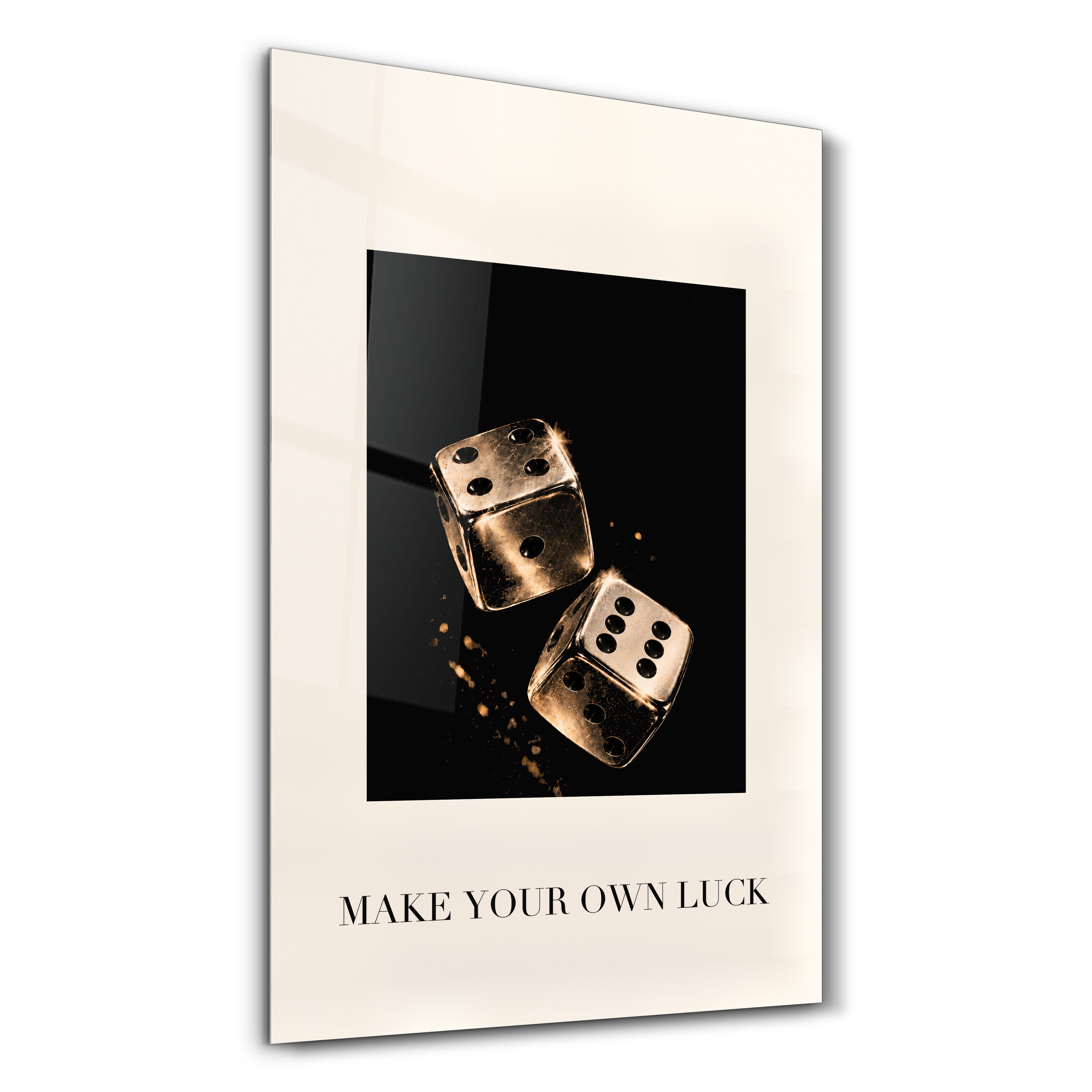 Artdesigna Make Your Own Luck golden dice glass wall art on a clear glass panel
