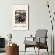 Off Duty, On Purpose glass wall art by Artdesigna displayed in a stylish interior.setting