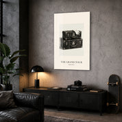 The Grand Tour glass wall art by Artdesigna displayed in a corner setting