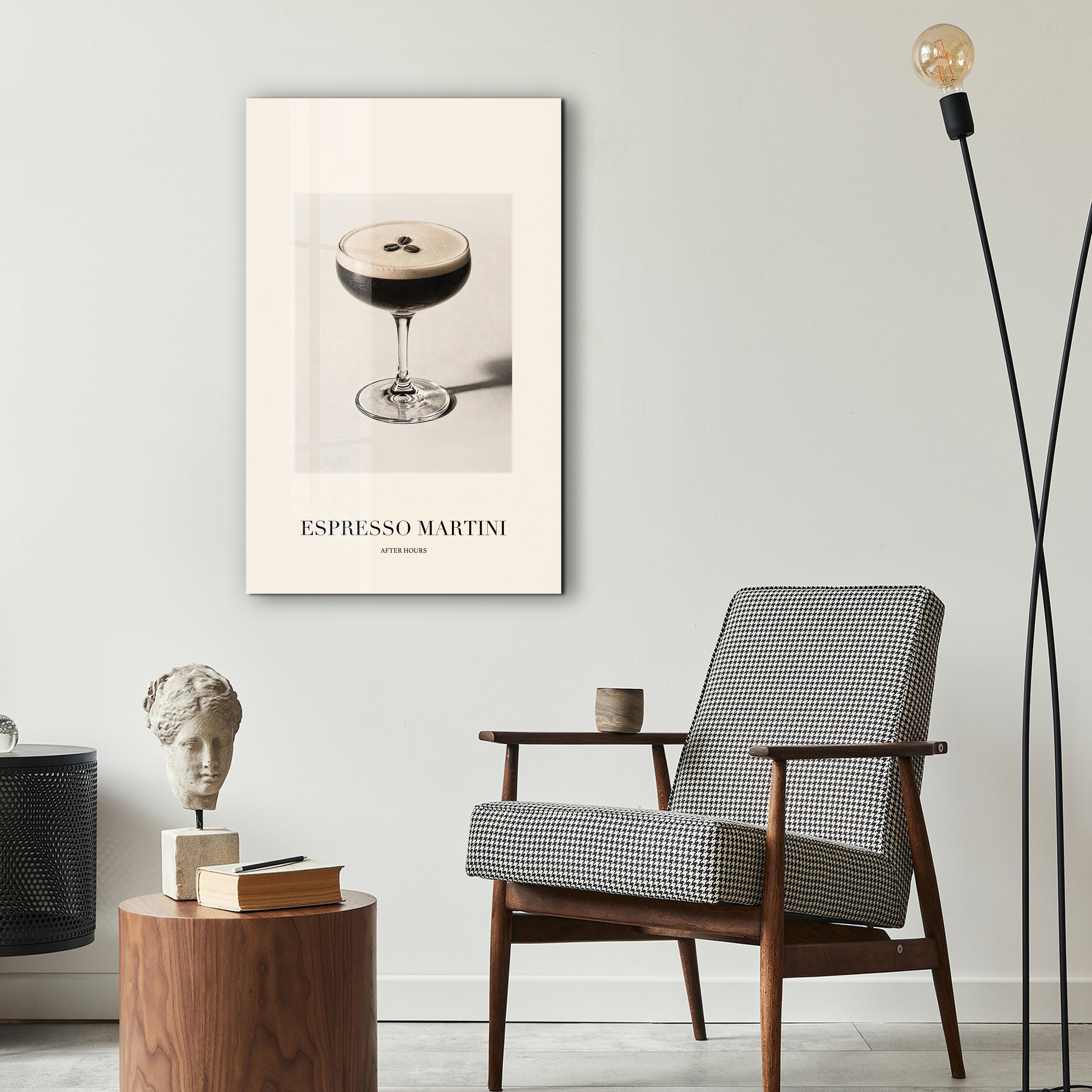 Espresso Martini glass wall art by Artdesigna displayed as stylish kitchen decor