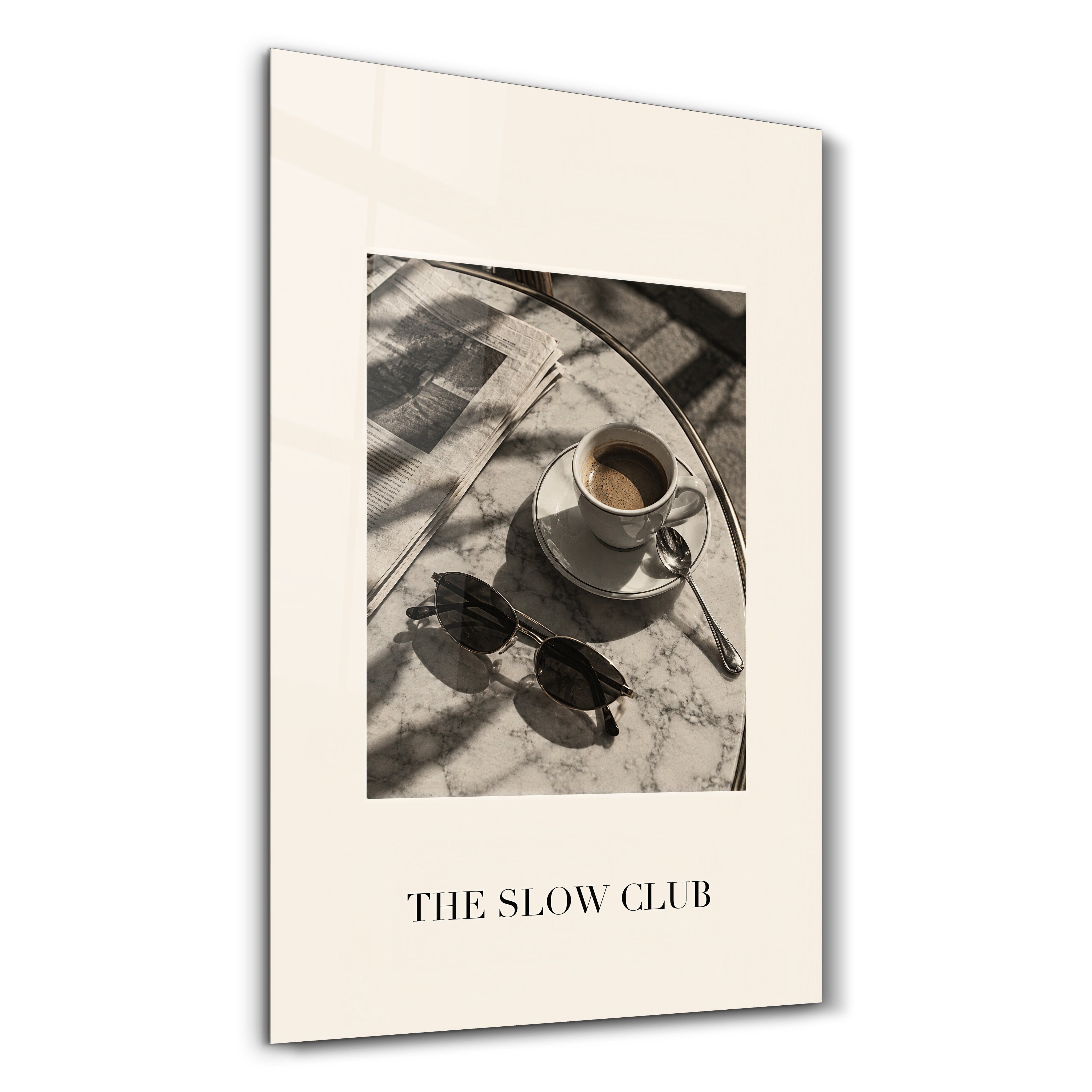 The Slow Club Artdesigna glass wall art with colorful abstract design on a clear glass panel