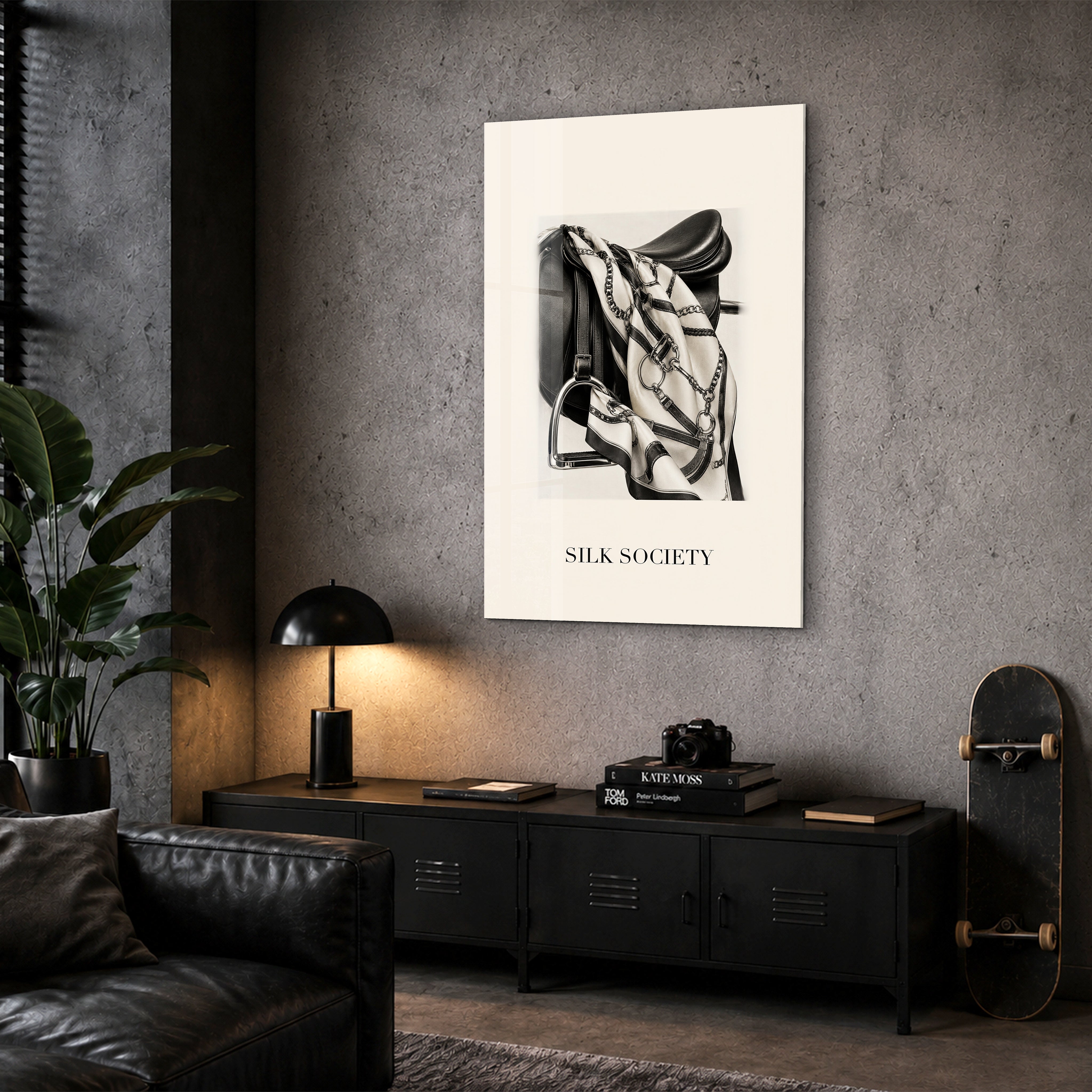 Artdesigna Silk Society glass wall art displayed in a corner setting