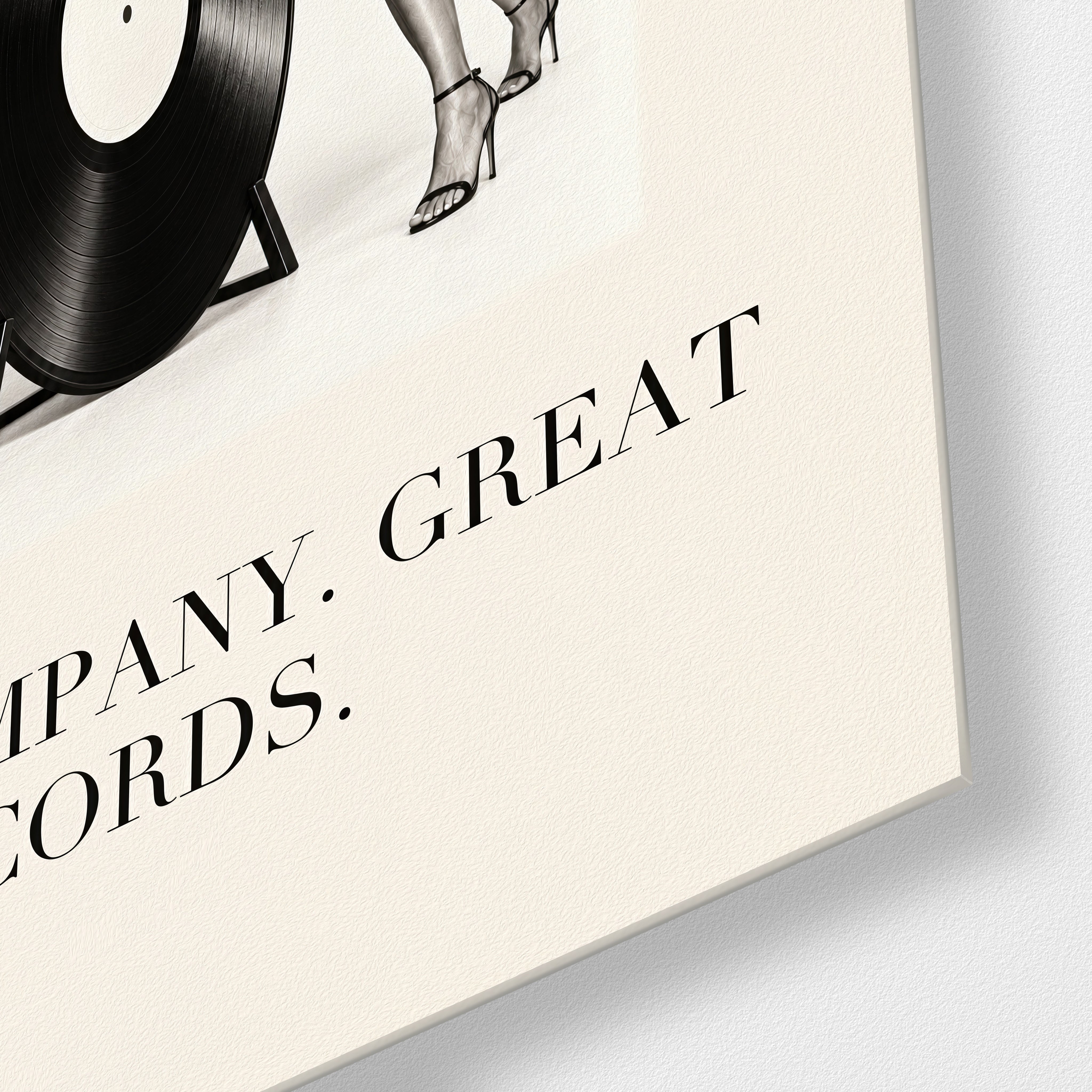 Artdesigna Good Company, Great Records glass wall art close-up showing detailed printed lettering on glass