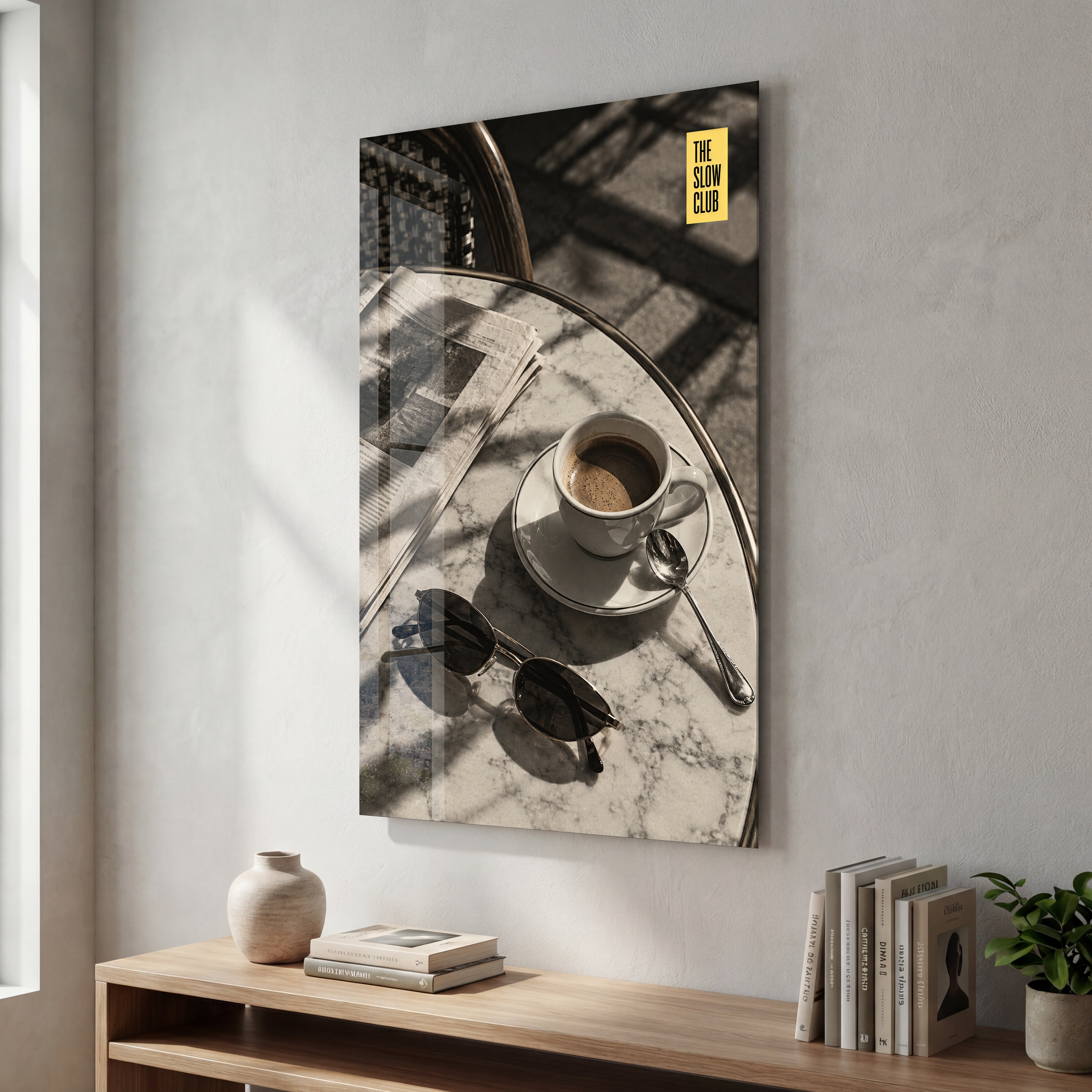 The Slow Club Café Table glass wall art by Artdesigna, featuring a vibrant café scene