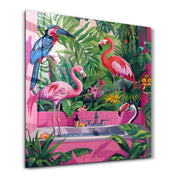 Tropical Bathroom and Flamingos | Glass Wall Art - Artdesigna