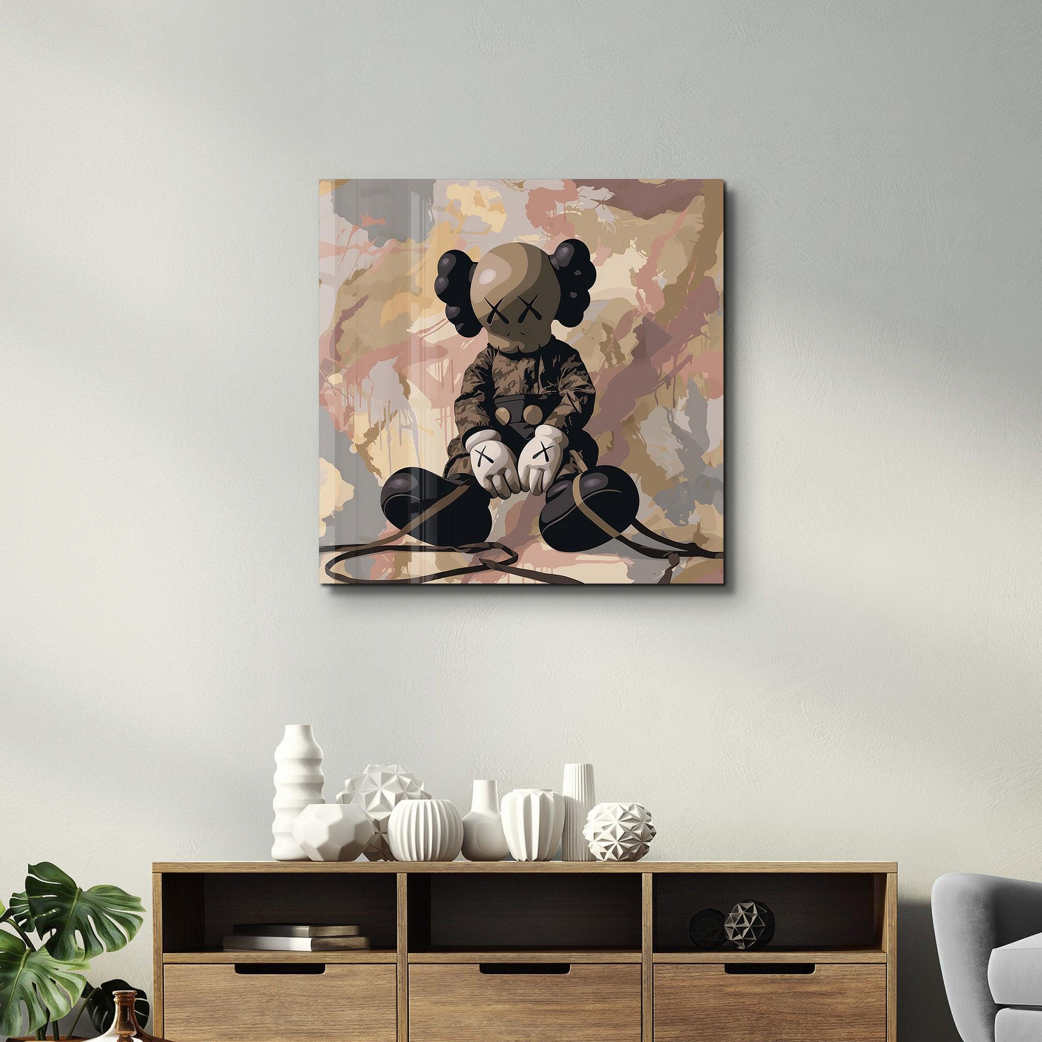 Brown KAWS Retro Fan Art Stylish | Glass Wall Art - Artdesigna