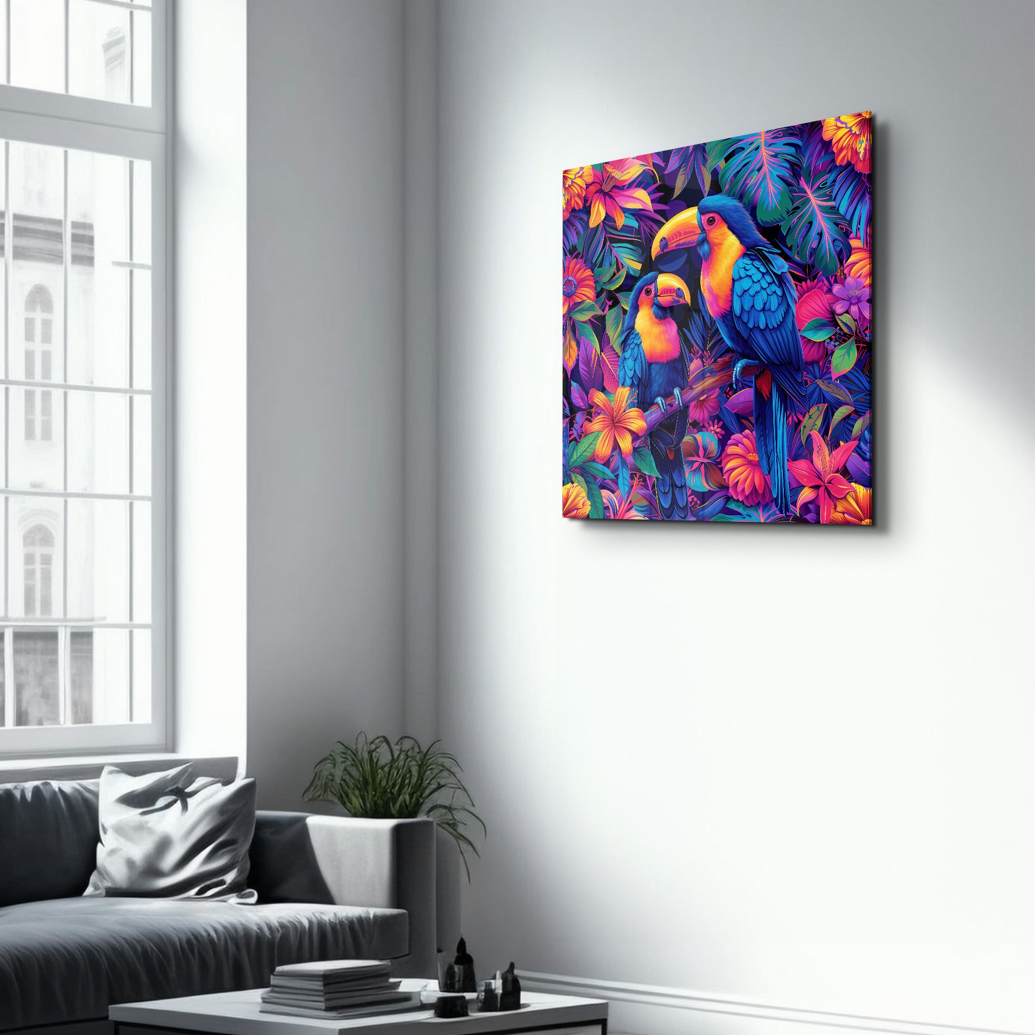 Rainbow Parrots | Glass Wall Art - Artdesigna