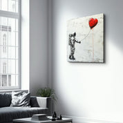 Heart Balloon in the Astronaut's Hand | Banksy Style Glass Wall Art - Artdesigna