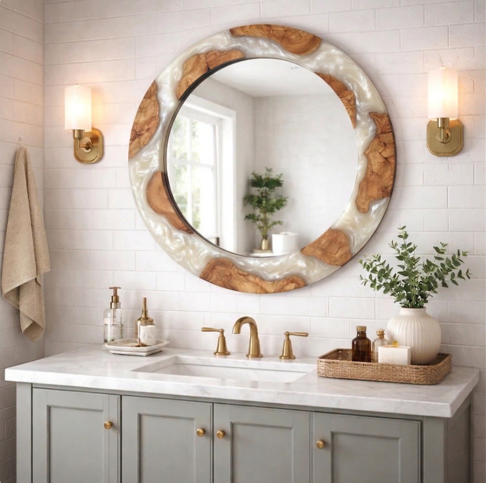 White pearl epoxy and olive wood wall art mirror with a round design, crafted by Artdesigna for elegant home decor.