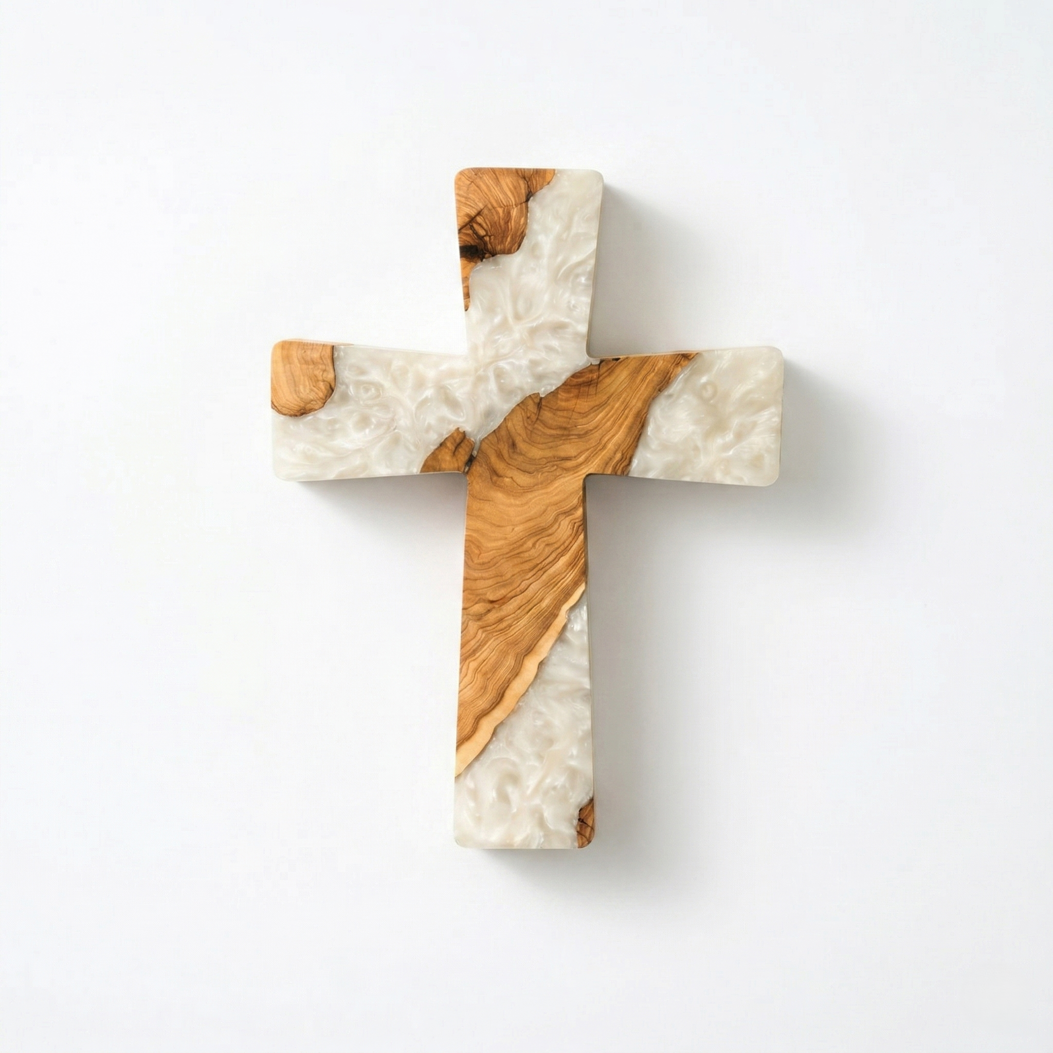 Handmade olive wood and artistic resin wall cross, natural wood wall art with intricate design, created by Artdesigna.