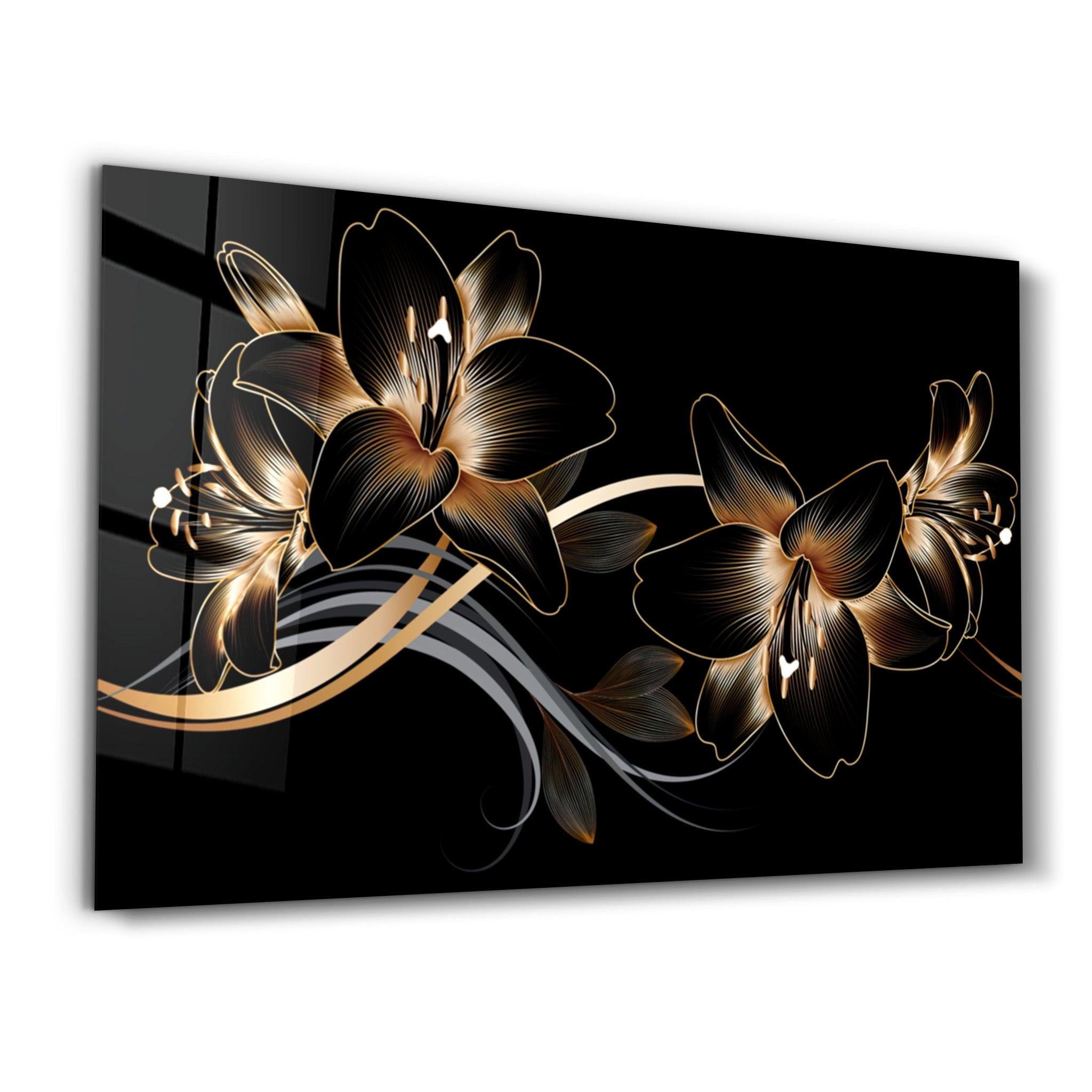 Golden Lines and Flowers | Glass Wall Art - Artdesigna