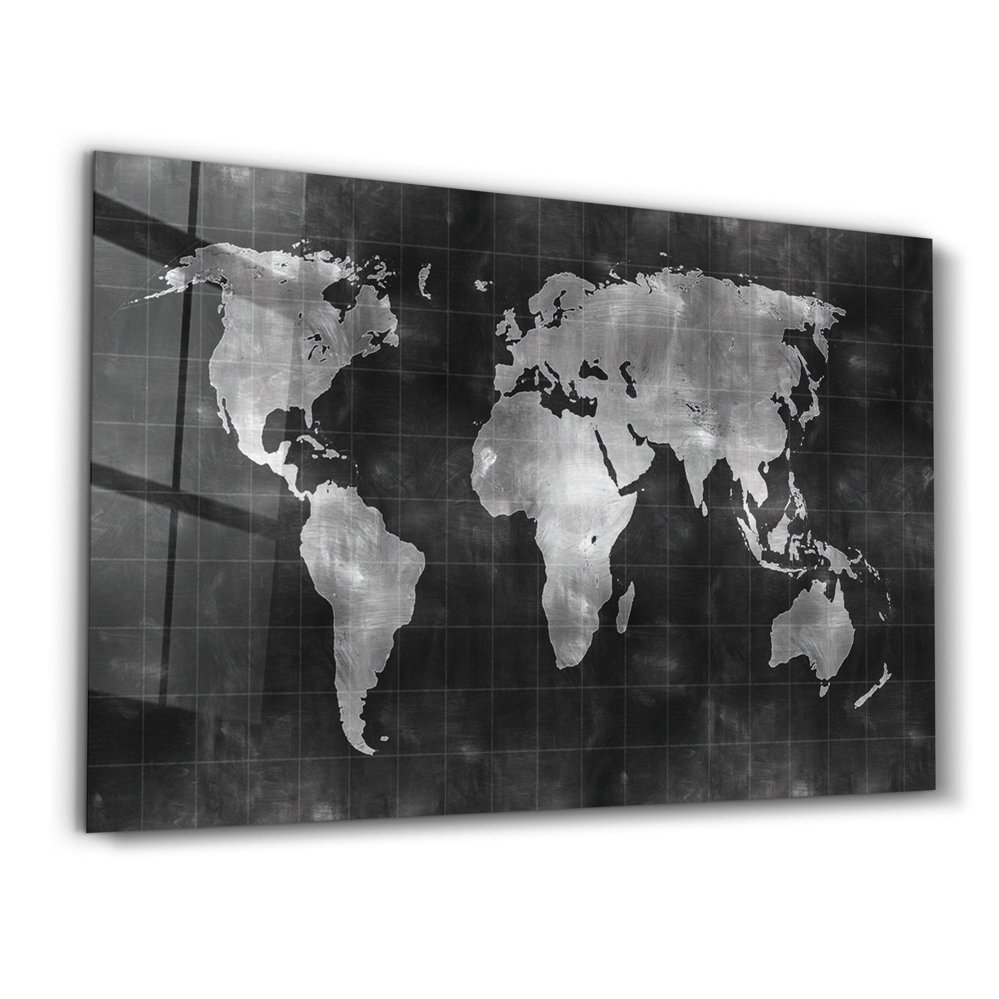 Black Wold Map | Glass Wall Art - Artdesigna