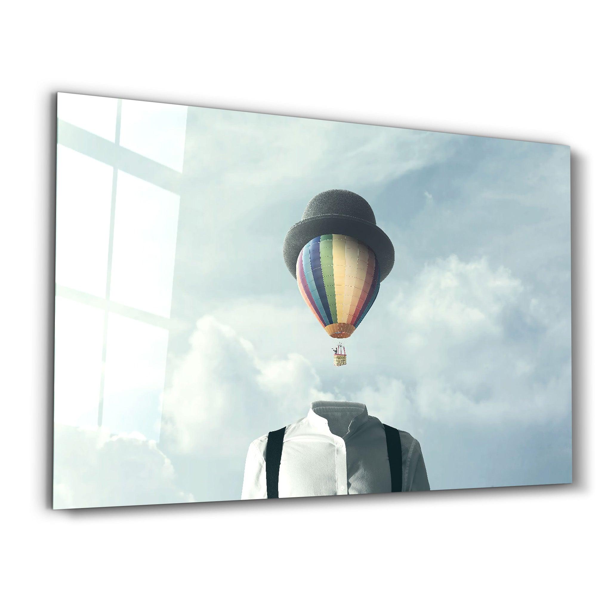 Man With Hot Air Balloon Head | Glass Wall Art - Artdesigna