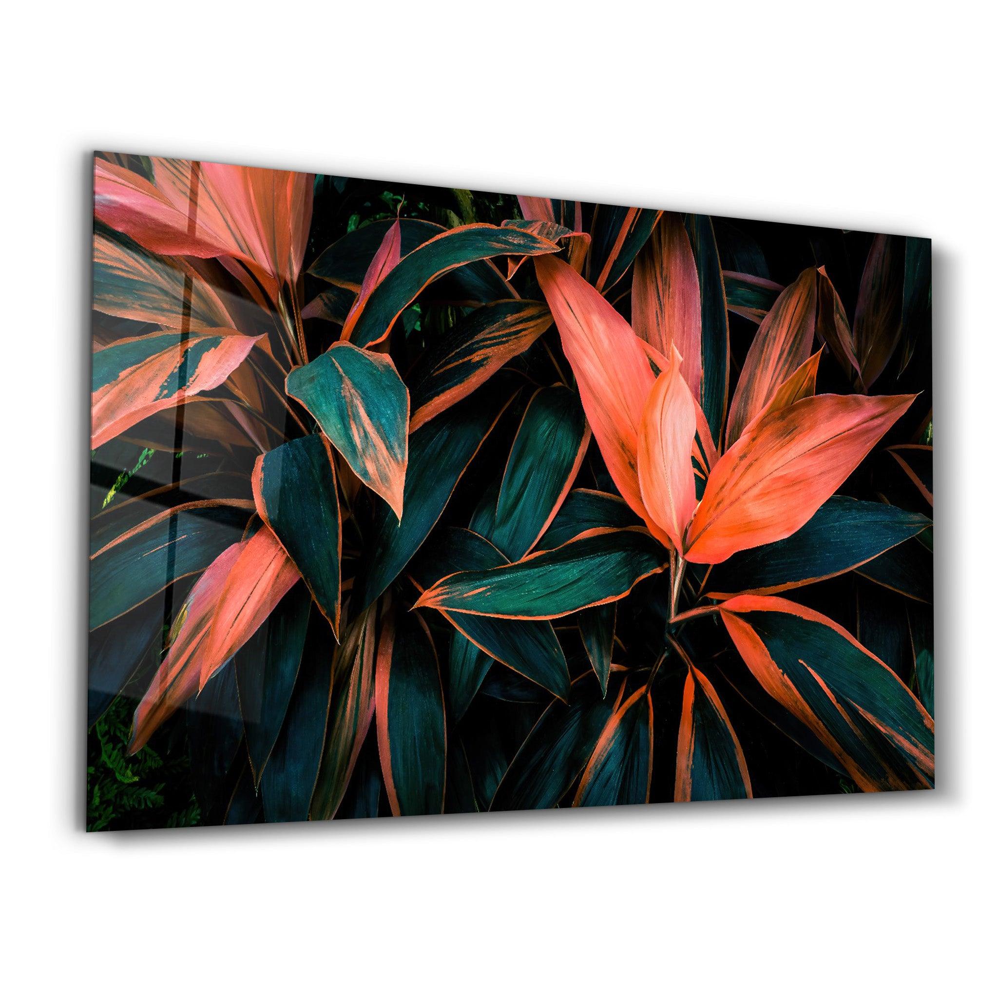 Red And Green Leafs | Glass Wall Art - Artdesigna