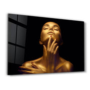 Beauty Woman With Golden Skin | Glass Wall Art - Artdesigna