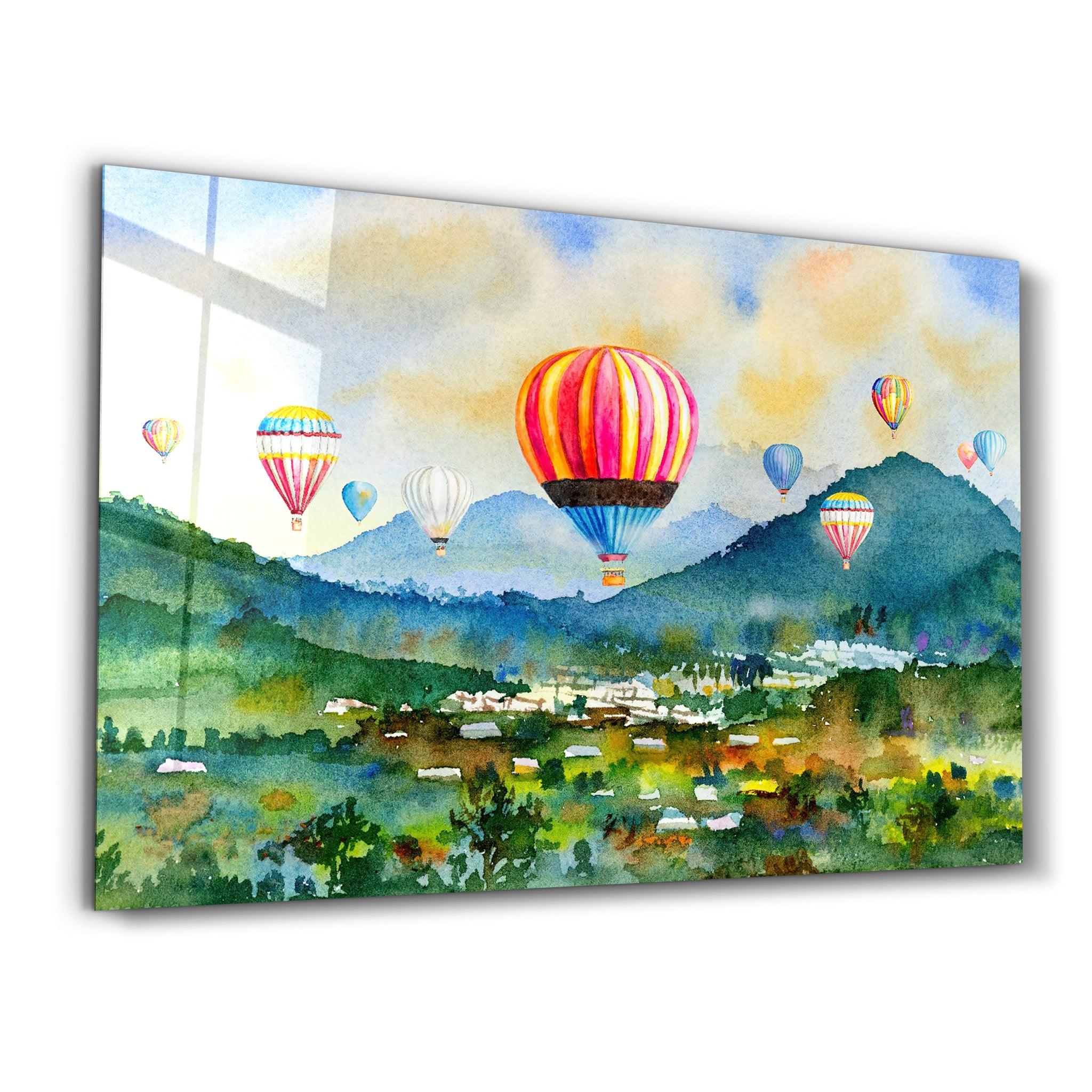 The Village Of Hot Air Balloon | Glass Wall Art - Artdesigna