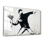 Banksy - Rioter Throwing a Flower Bouquet | Glass Wall Art - Artdesigna