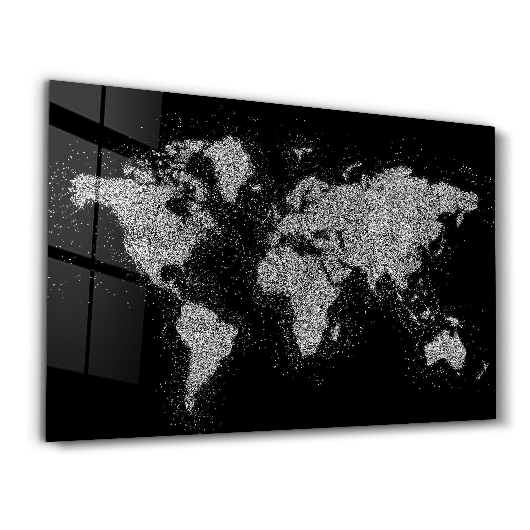 World Map In Silver | Glass Wall Art - Artdesigna