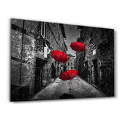 Red Umbrellas | Glass Wall Art - Artdesigna