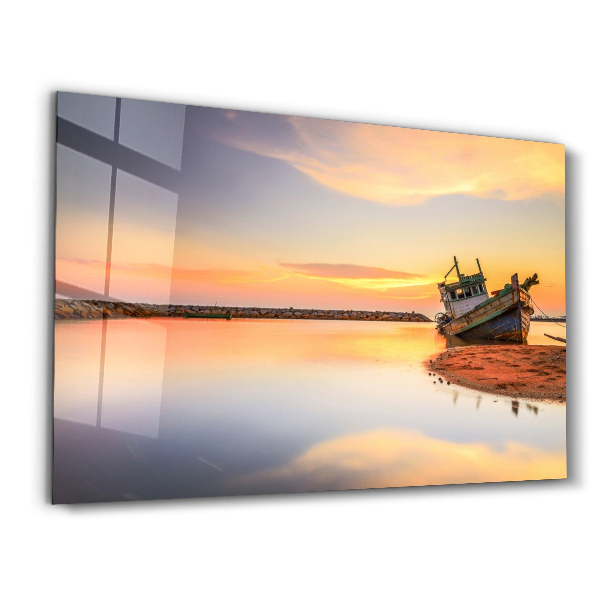 Ship on the Beach | Glass Wall Art - Artdesigna