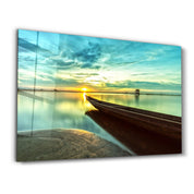 Kayak and Sunset on the Beach | Glass Wall Art - Artdesigna