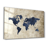 Retro World Map Blue | Glass Wall Art