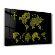 World Map Black-Yellow | Glass Wall Art - Artdesigna