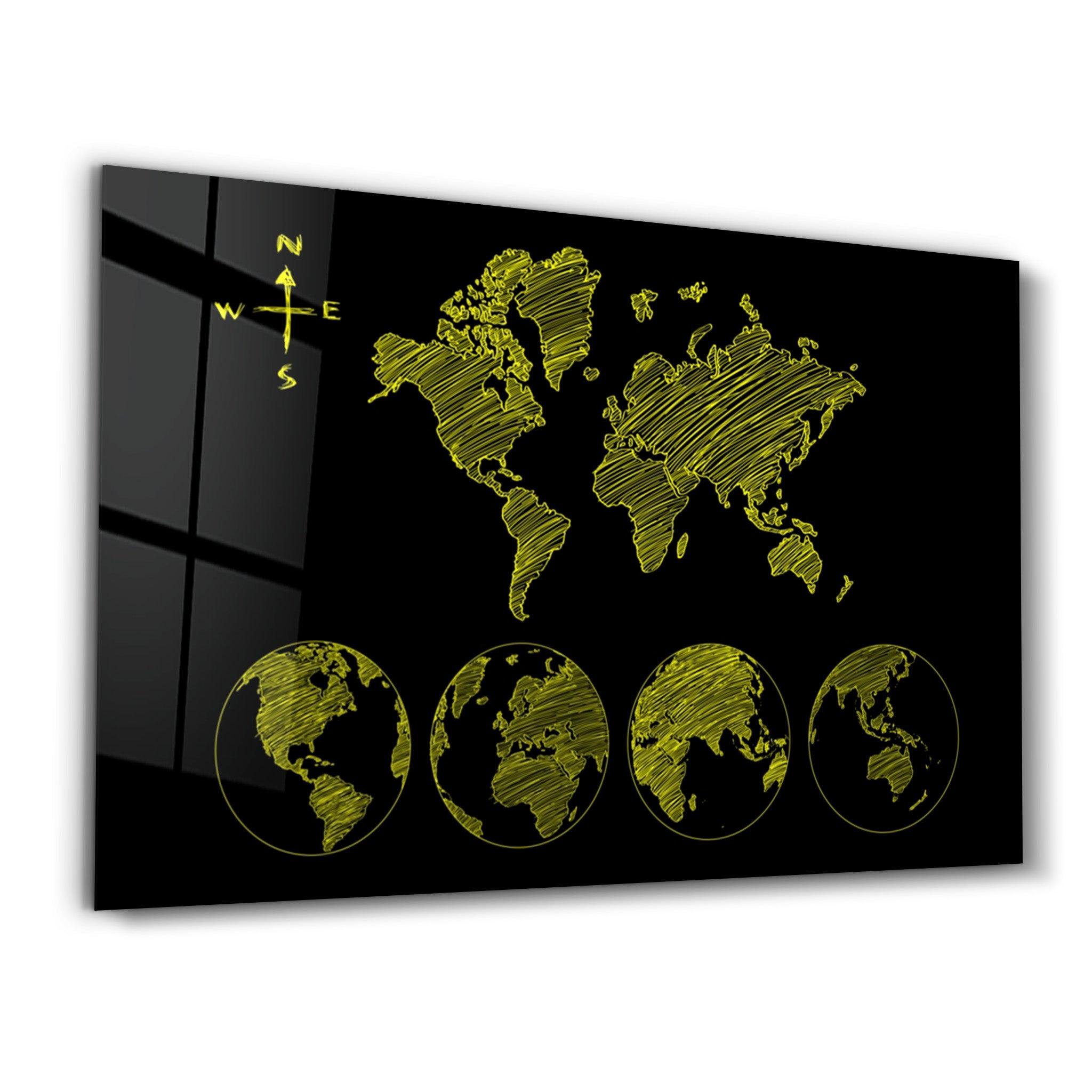 World Map Black-Yellow | Glass Wall Art - Artdesigna