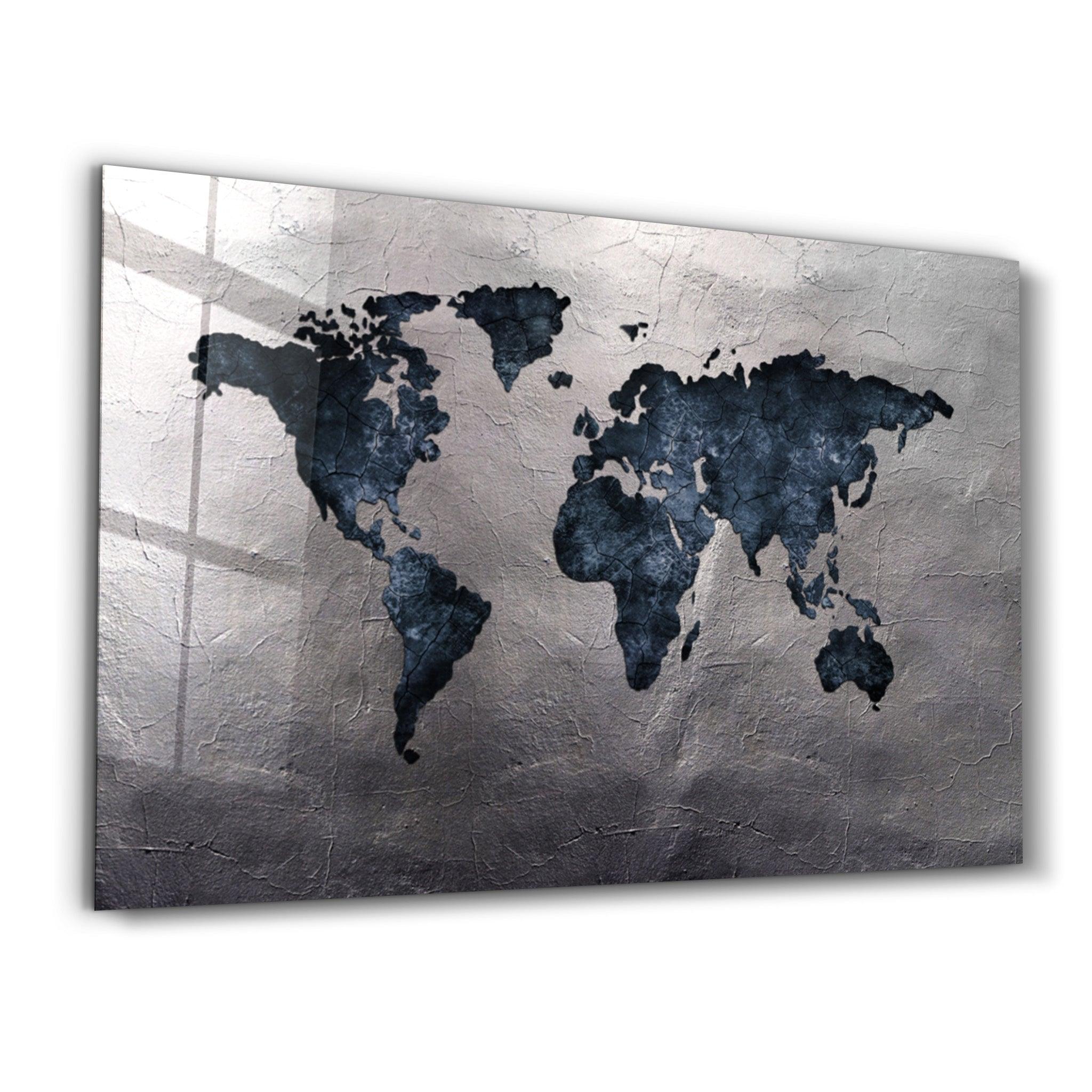 World Map Blue-Silver2 | Glass Wall Art - Artdesigna