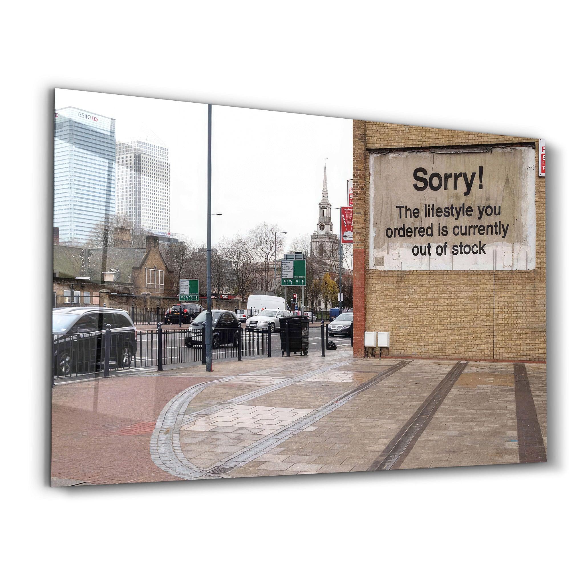 Banksy - Sorry | Designer's Collection Glass Wall Art - Artdesigna