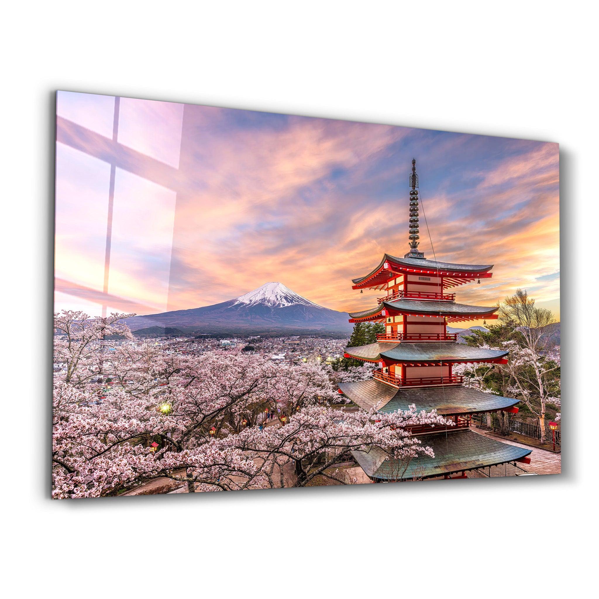 Fujiyoshida, Japan at Chureito Pagoda and Mt. Fuji in the spring with cherry blossoms | Glass Wall Art - Artdesigna