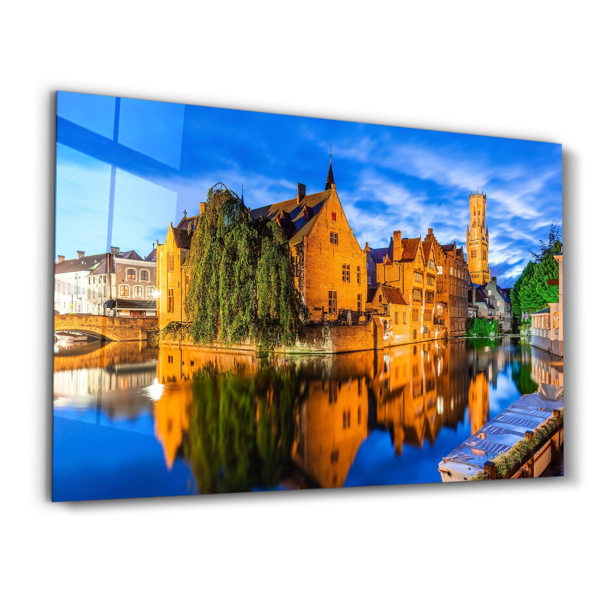 Bruges, Belgium. The Rozenhoedkaai canal in Bruges with the Belfry | Glass Wall Art - Artdesigna