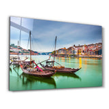 Porto, Portugal old town cityscape on the Douro River with traditional Rabelo boats. | Glass Wall Art