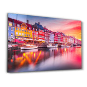 Copenhagen, Denmark. Experience the breathtaking beauty of Nyhavn canal at sunrise | Glass Wall Art - Artdesigna