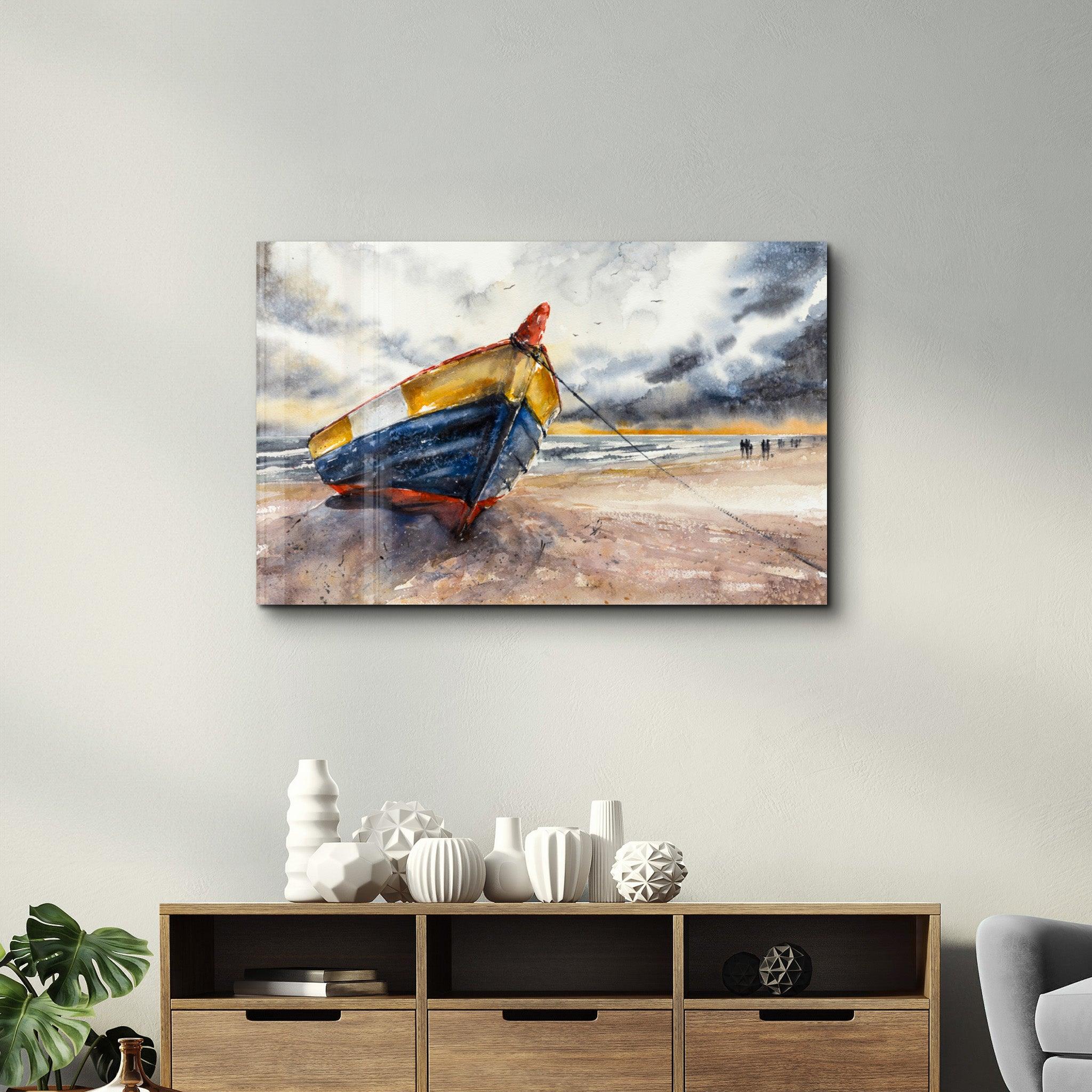 Boat On the Beach | Glass Wall Art - Artdesigna