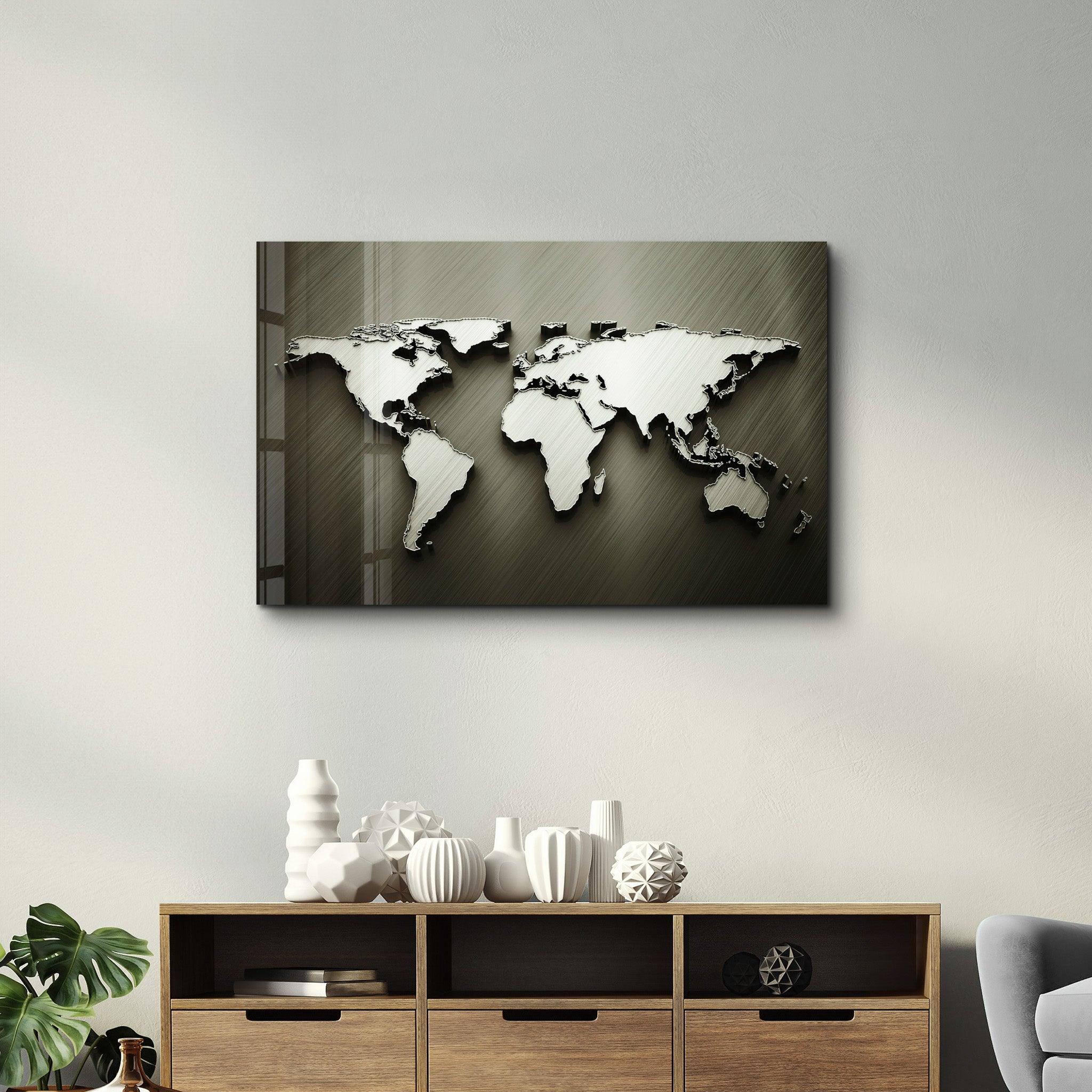 Metallic World Map | Glass Wall Art - Artdesigna